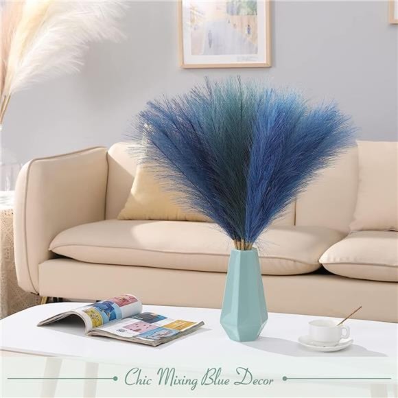 Faux Pampas Grass 17.7Inch 6pcs,Artificial Pampas Grass Blue Living Room Bedroom - Picture 2 of 6